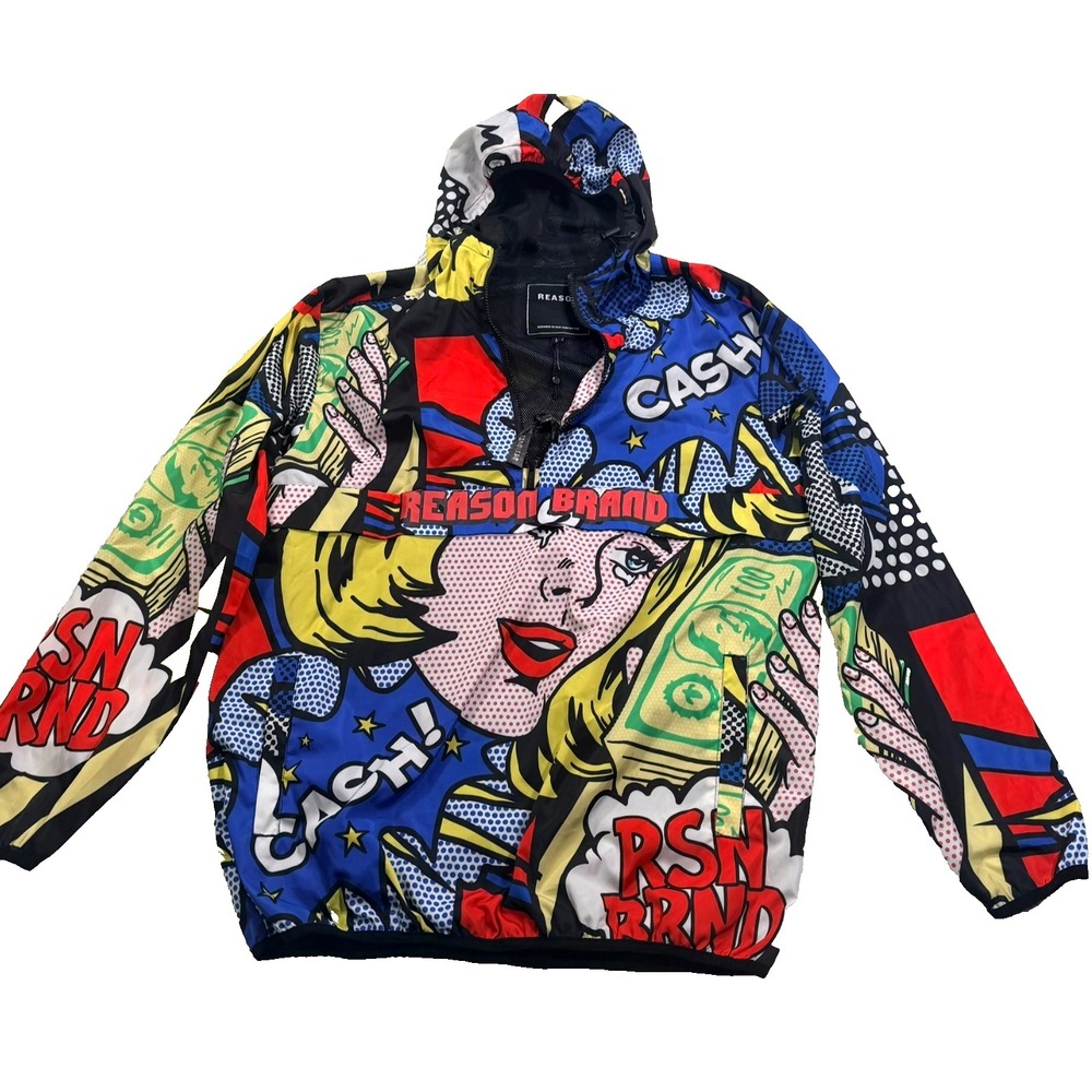 Reason Brand Pop Art Graphic Windbreaker Jacket Hooded Pullover Men's L